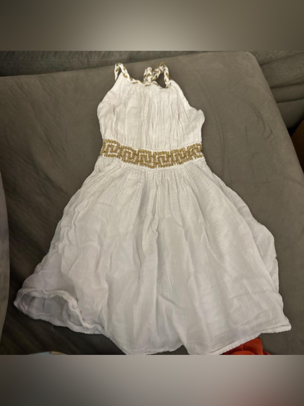 Girls White Dress with Gold Beaded Waist